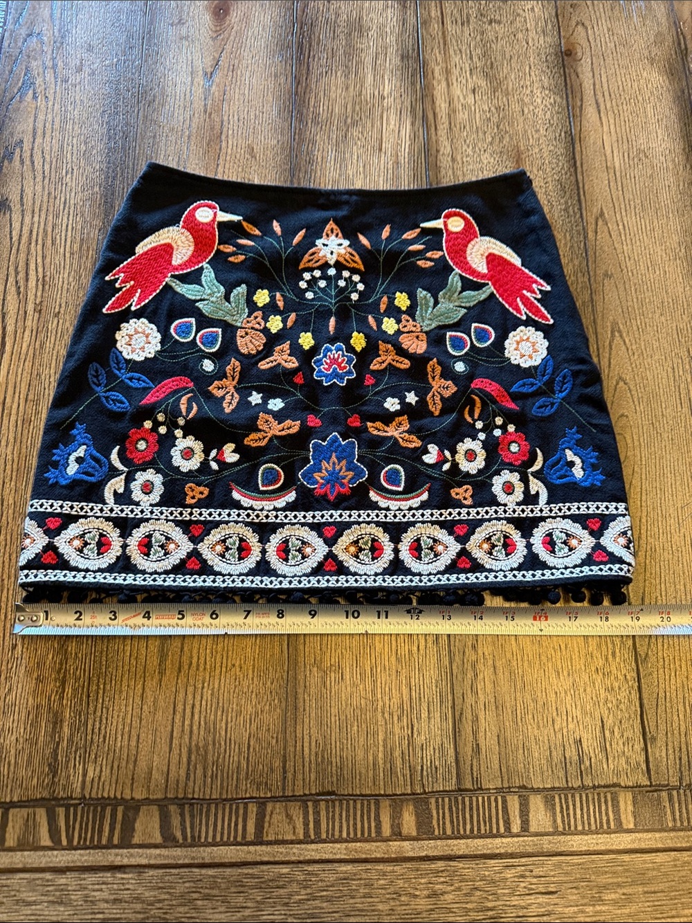 Altar'd State Black Boho Mini Skirt with Birds & Multicolor Floral Embroidery - Picture 6 of 9